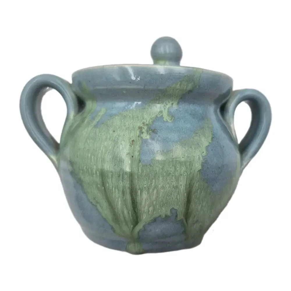 Signed Pottery Blue/Green Creamer Sugar 3.5